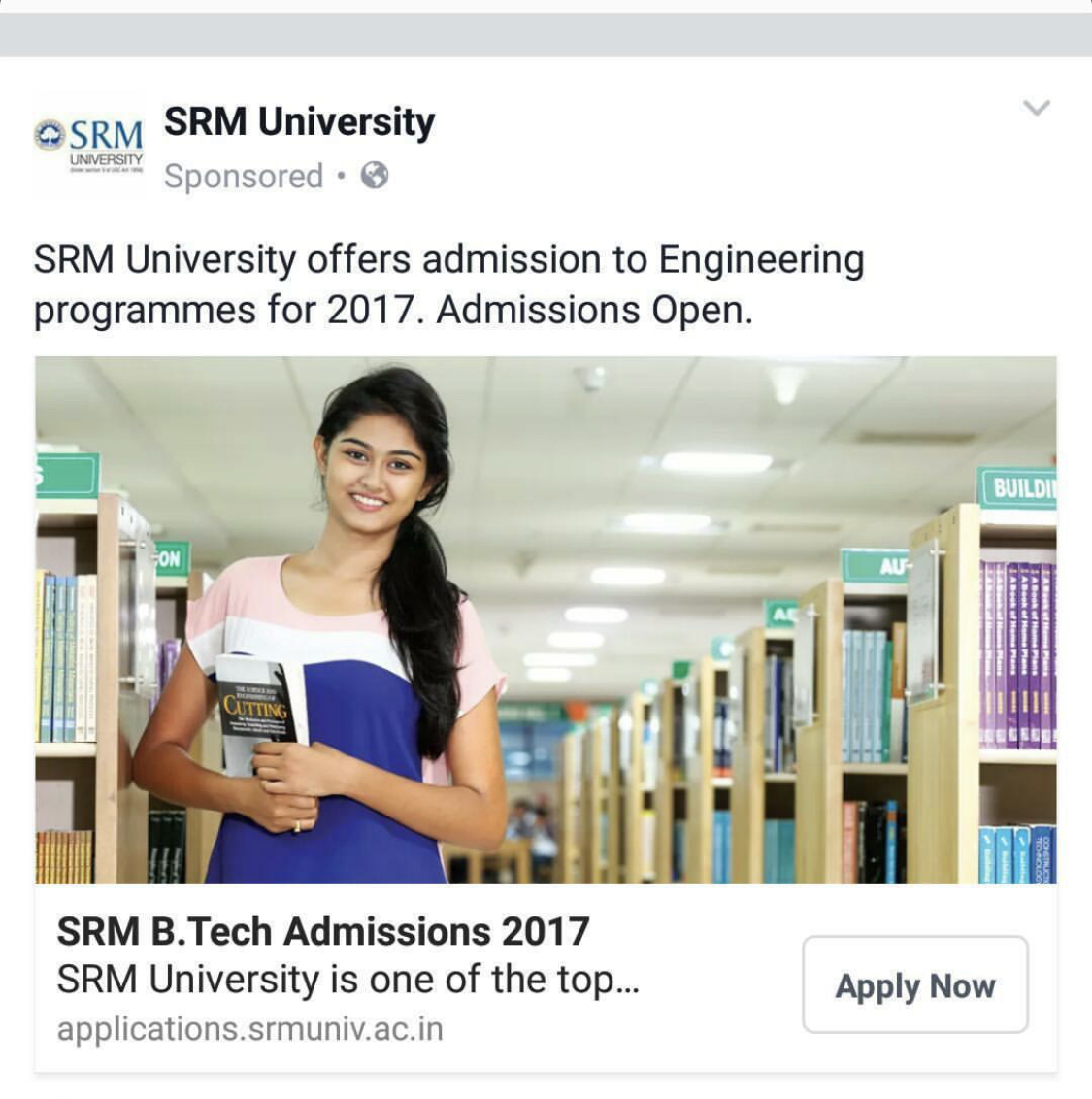 An SRM University engineering admissions campaign from 2017 featuring Sanjana in a library