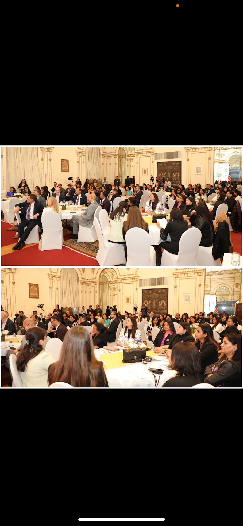 Two photographs of attendees, including Sanjana, at the International Business Forum