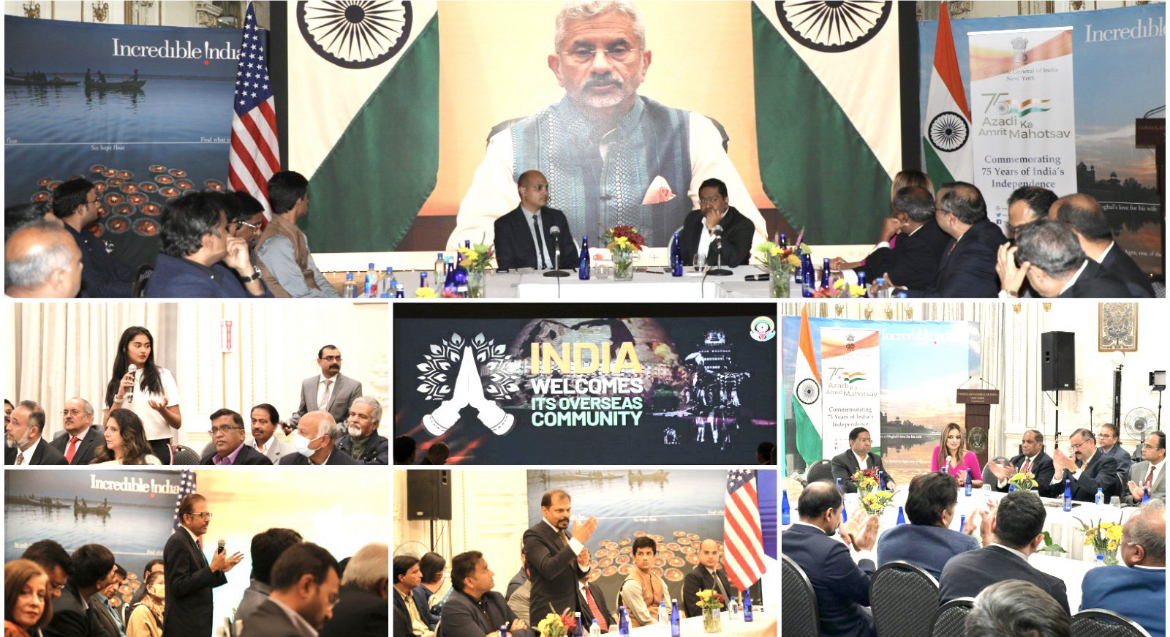 A collage from the India–US diaspora conference, including Sanjana speaking