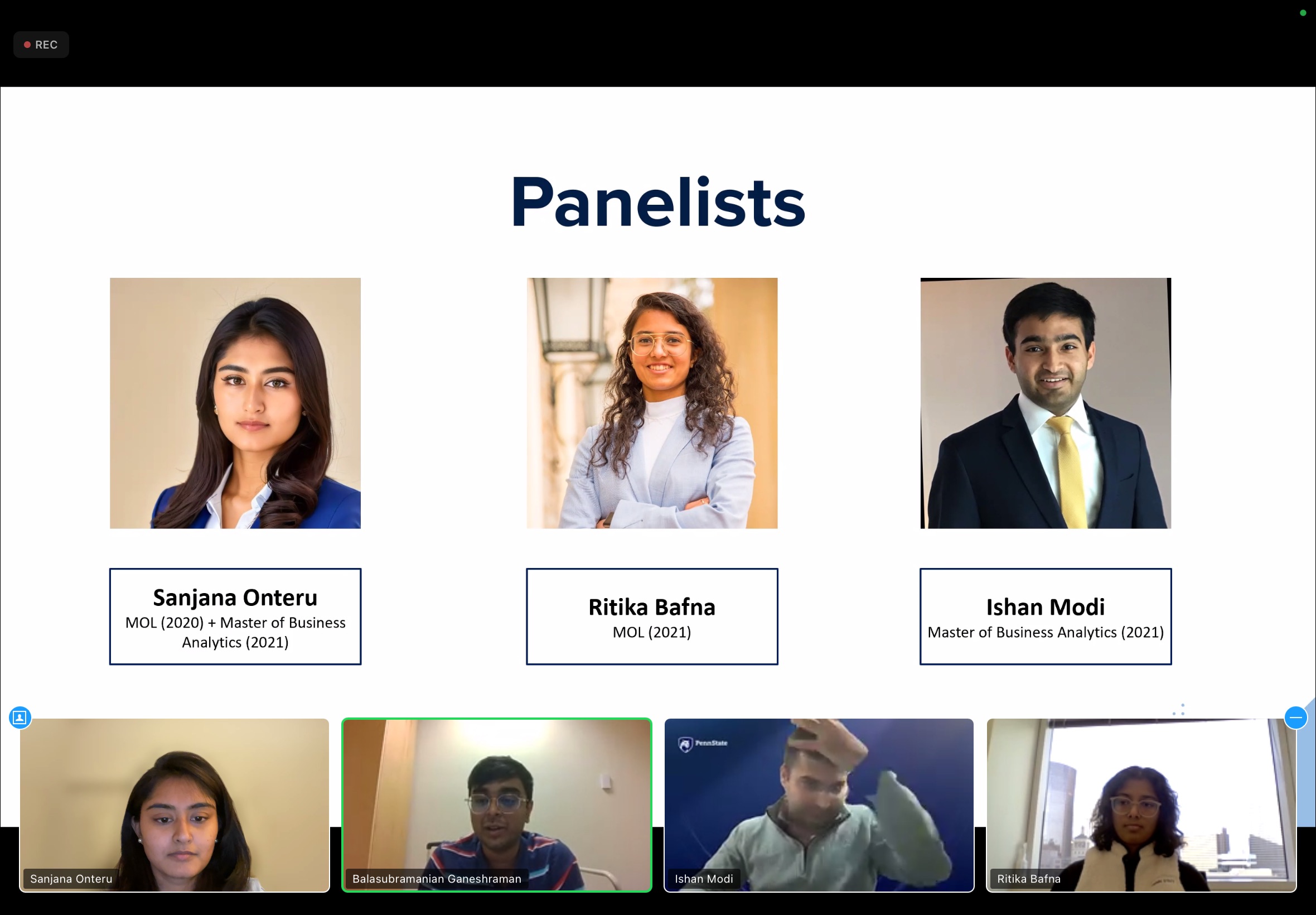 A virtual panel screenshot listing Sanjana Onteru alongside fellow Penn State graduates
