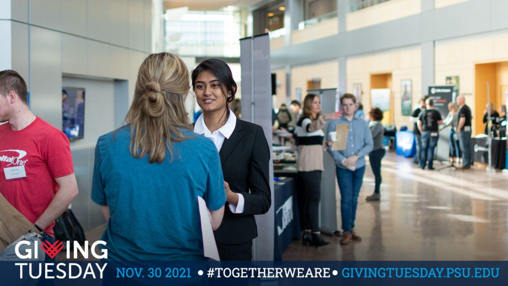 Sanjana in conversation at Penn State in an image branded for Giving Tuesday, November 30, 2021